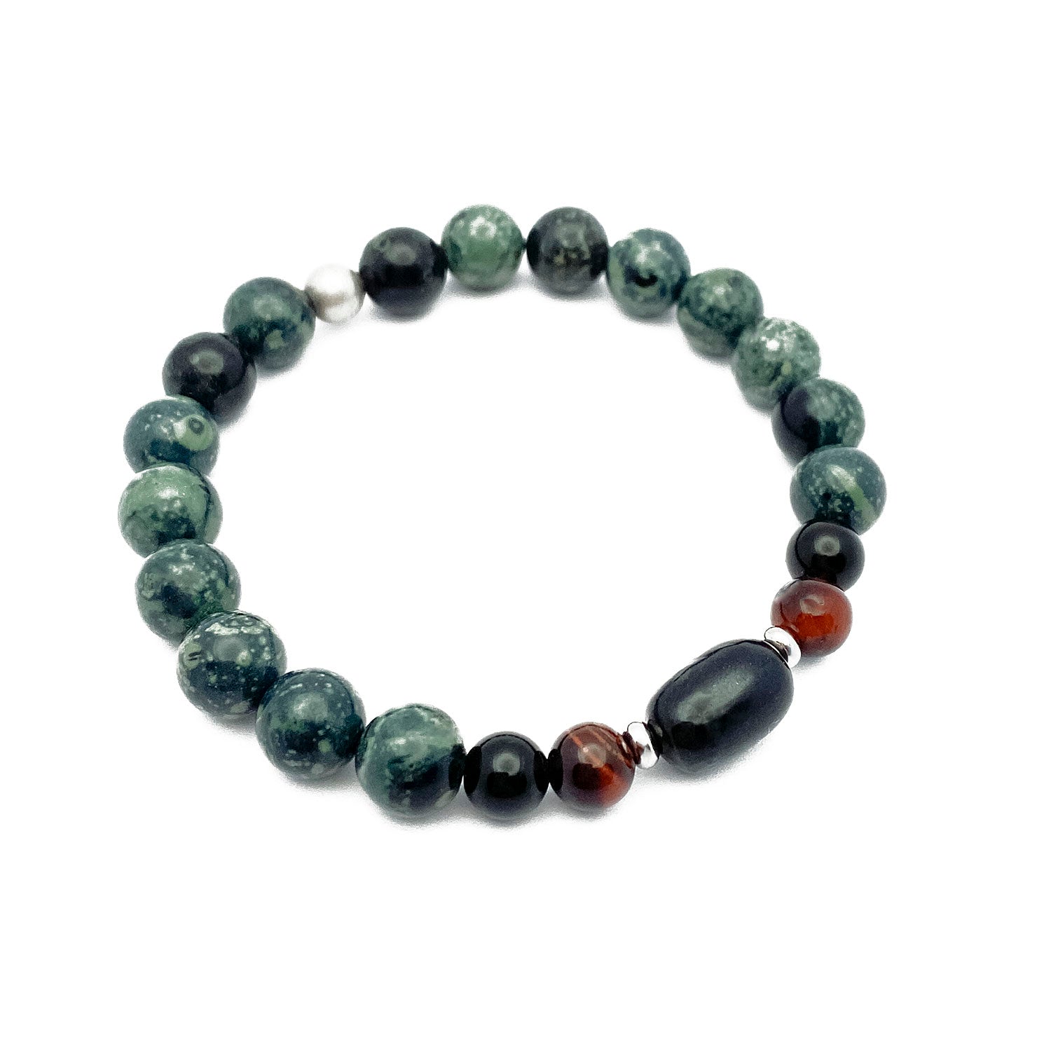 Beaded bracelet with green, black, and red stones on a white background