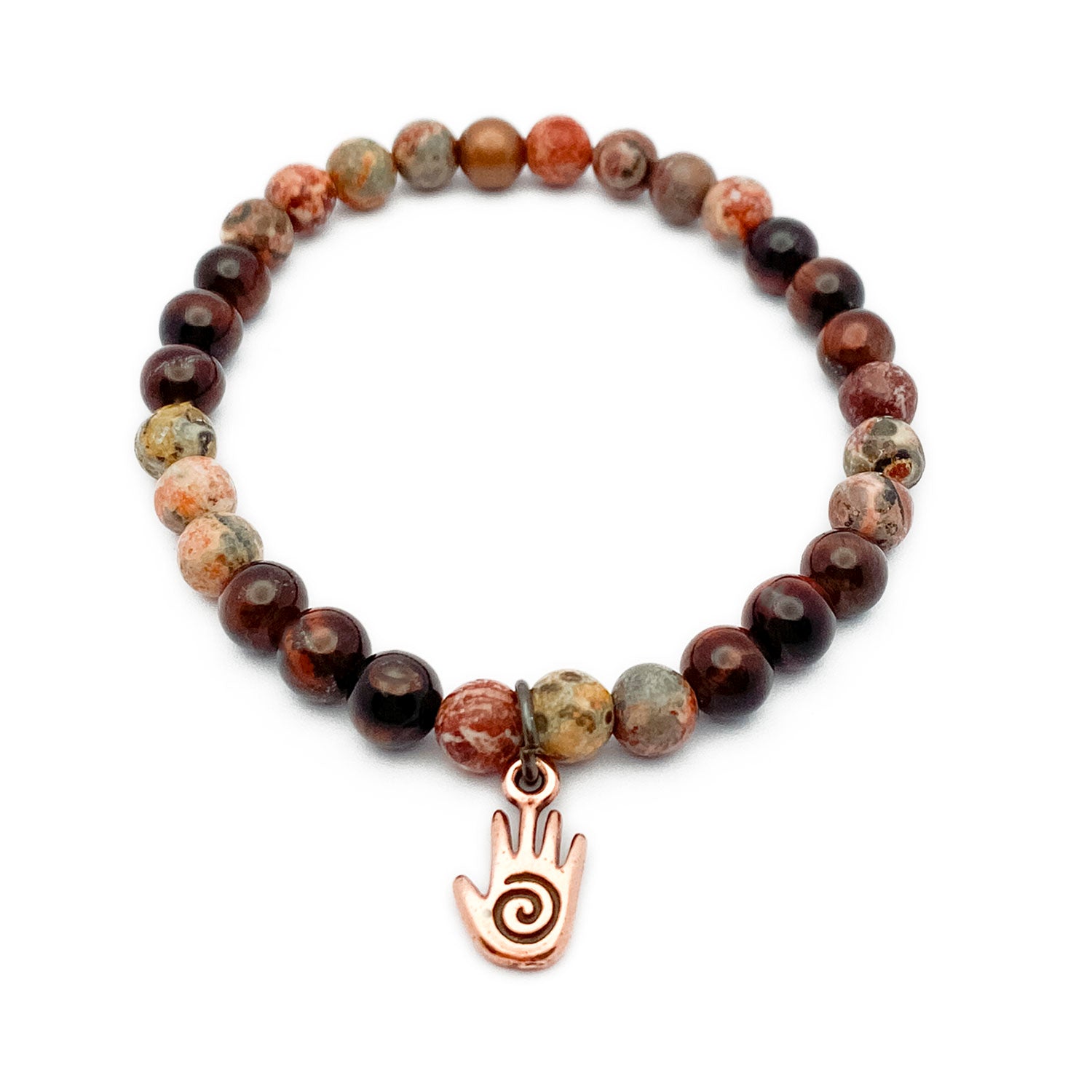 Leopard jasper beaded bracelet with red tigers eye and a copper reiki charm on a white background