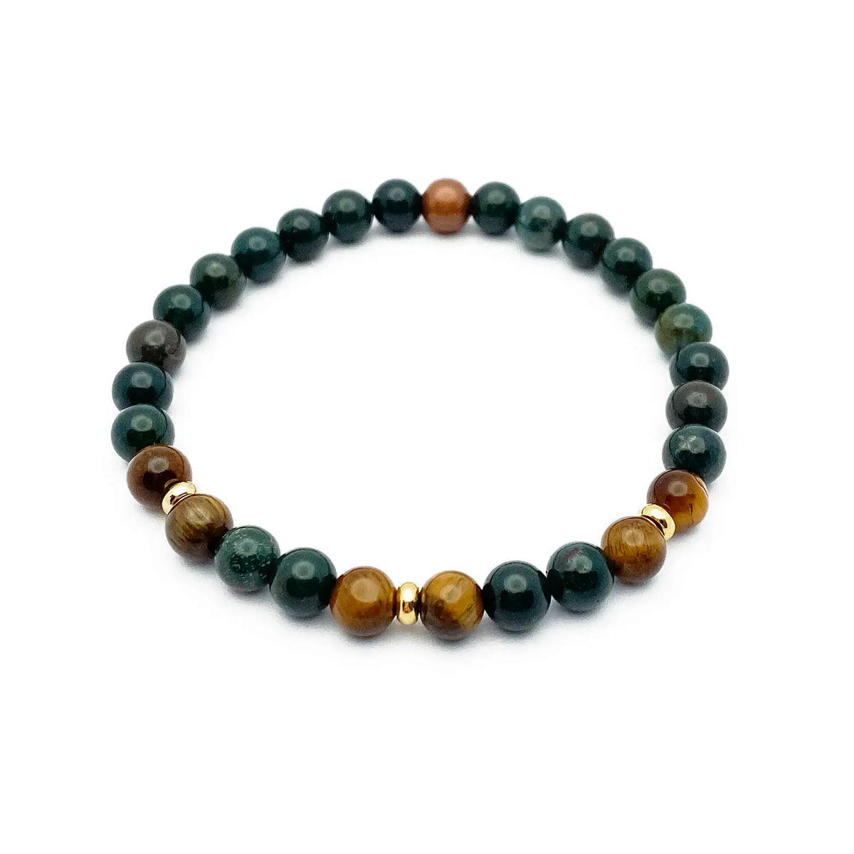 Beaded bracelet with black, brown, and gold natural stone beads on a white background