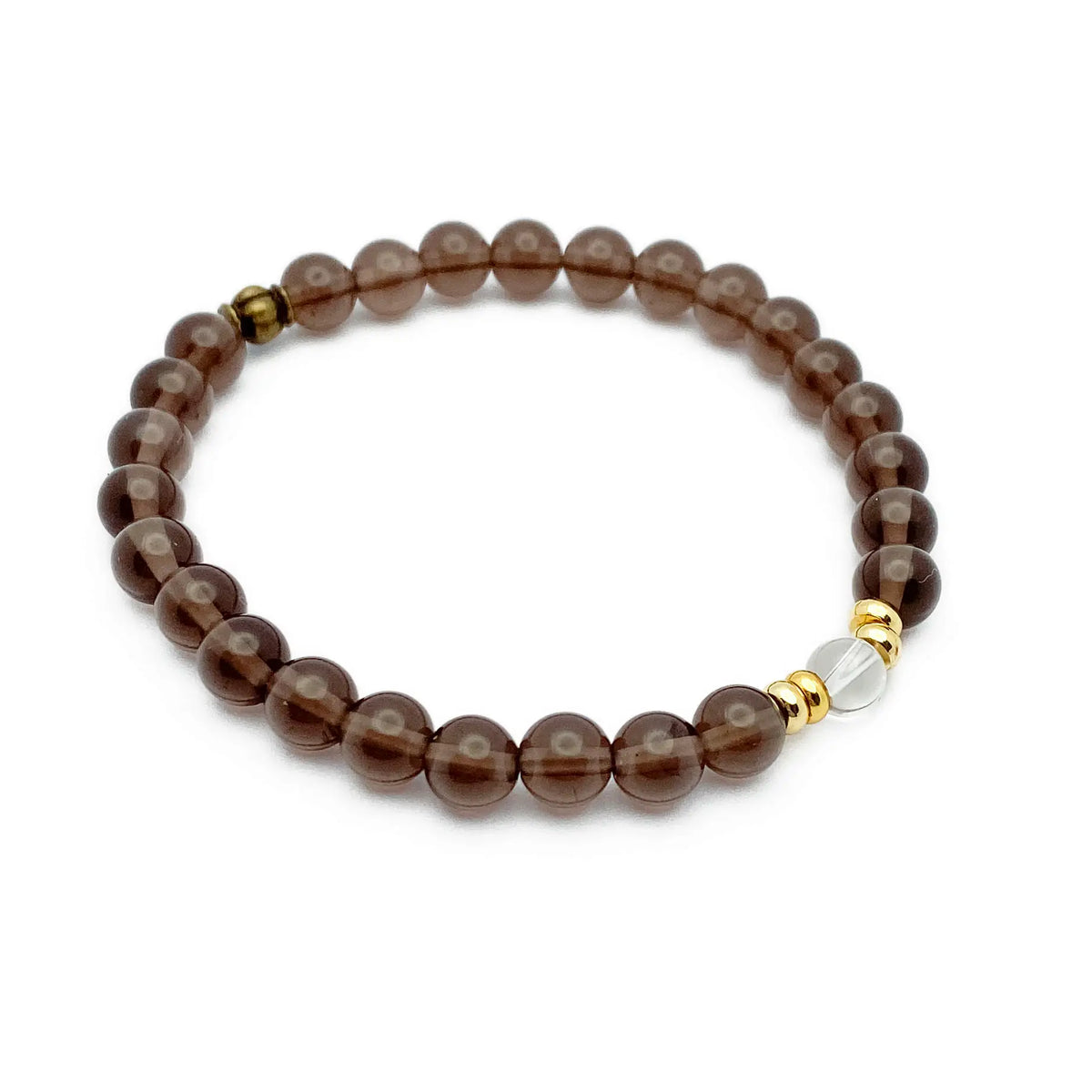 Smoky brown beaded bracelet with gold and silver accents on a white background