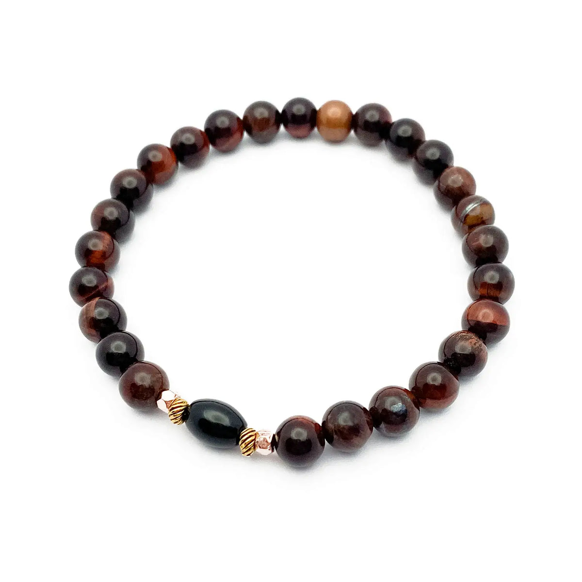 Beaded bracelet with red tigerseye and onyx beads on a white background