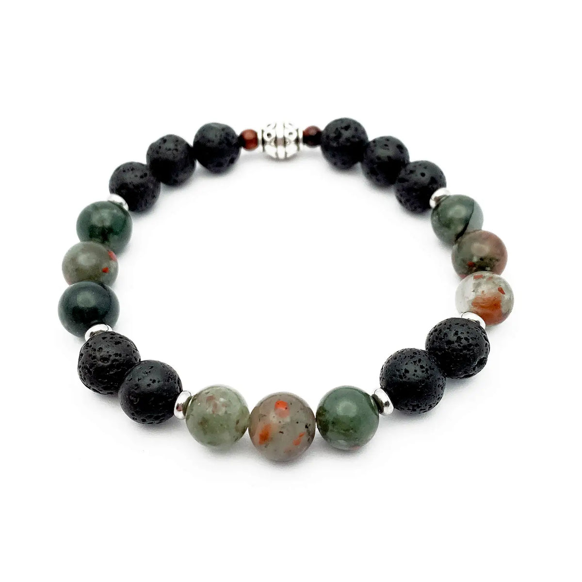 Beaded bracelet with black, green, and red stones on a white background