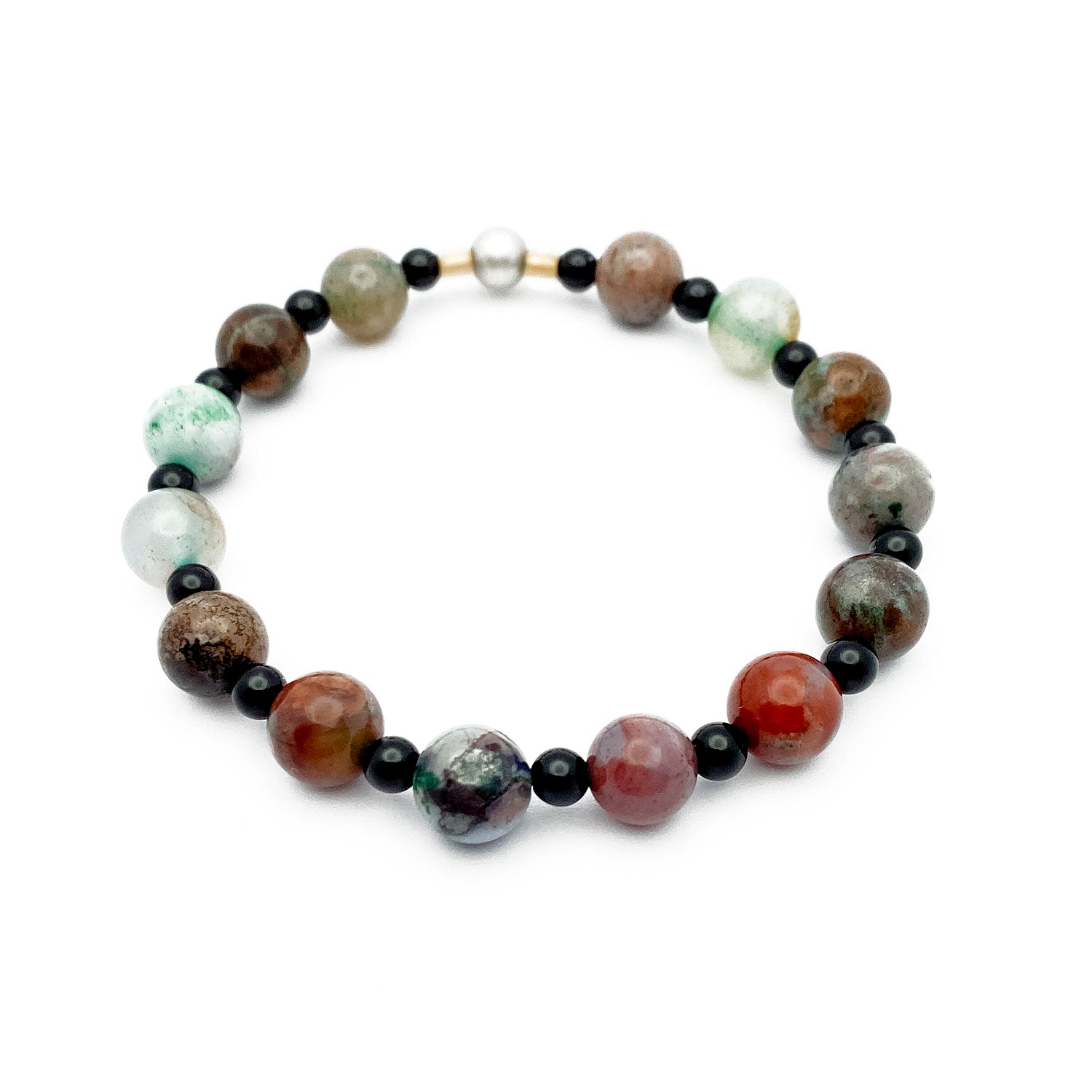Eclogite and onyx beaded bracelet with multicolored beads on a white background