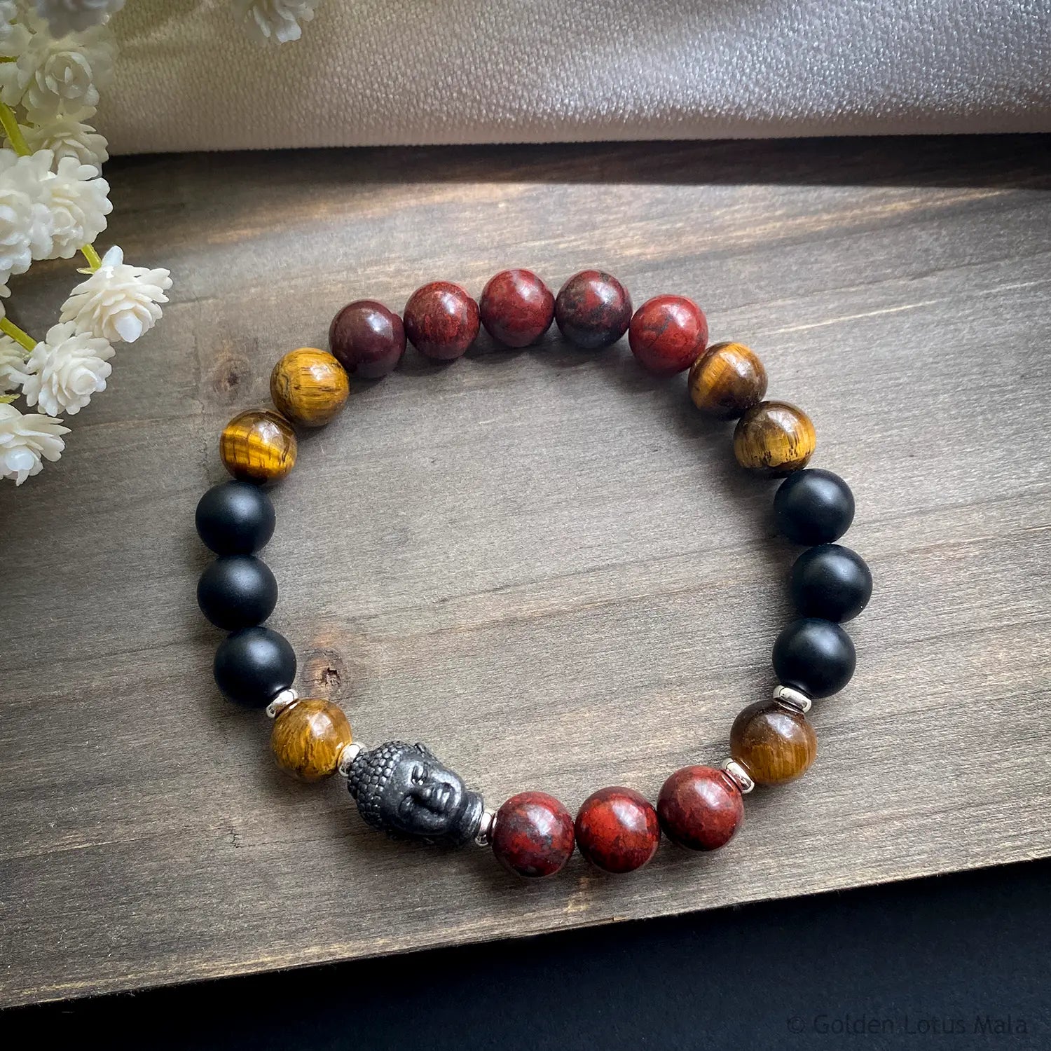 Buddha Bracelet "Peace Comes From Within" Tiger Eye, Jasper & Onyx