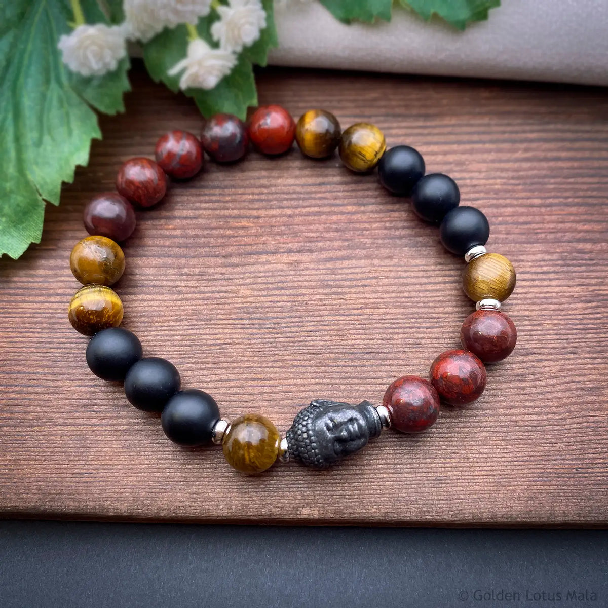 Buddha Bracelet "Peace Comes From Within" Tiger Eye, Jasper &amp; Onyx