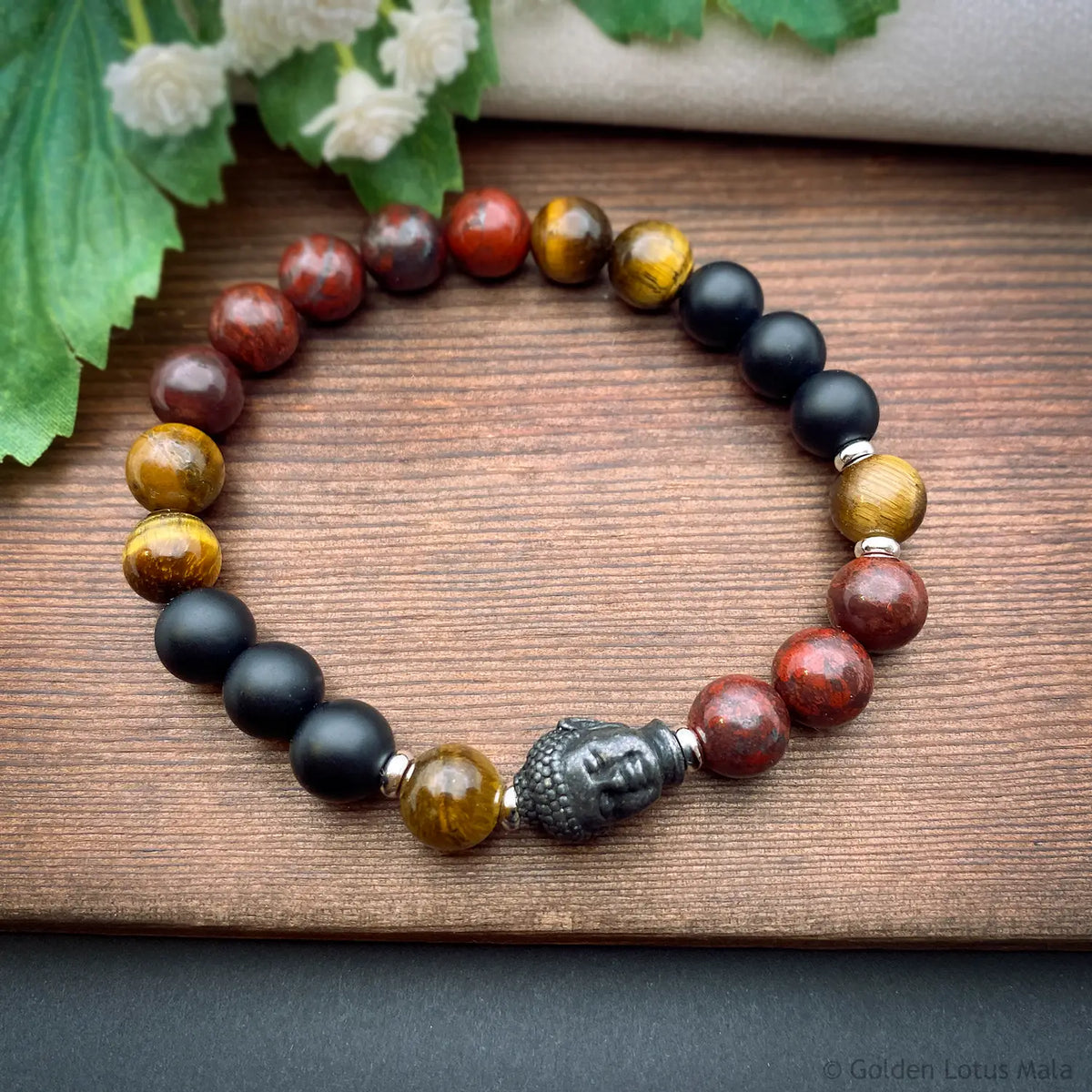 Buddha Bracelet "Peace Comes From Within" Tiger Eye, Jasper &amp; Onyx