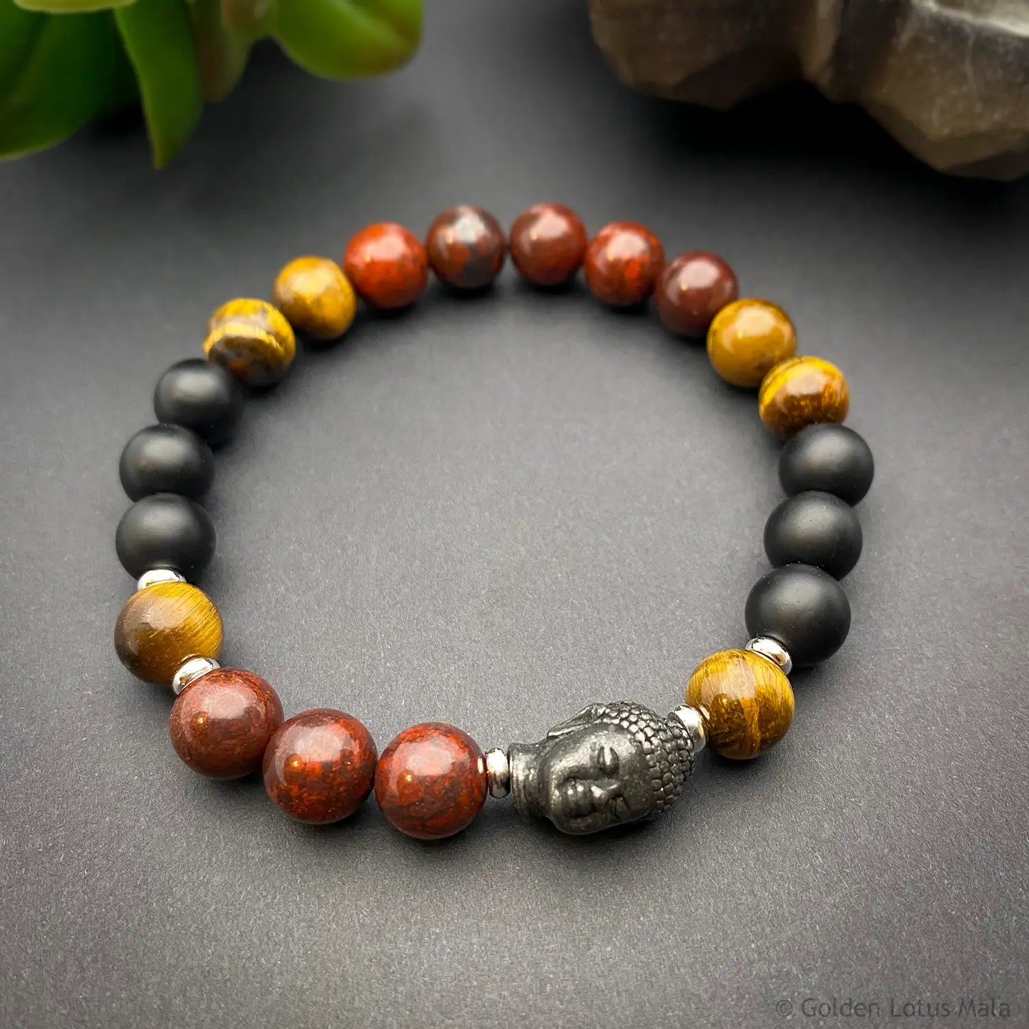 Buddha Bracelet "Peace Comes From Within" Tiger Eye, Jasper & Onyx