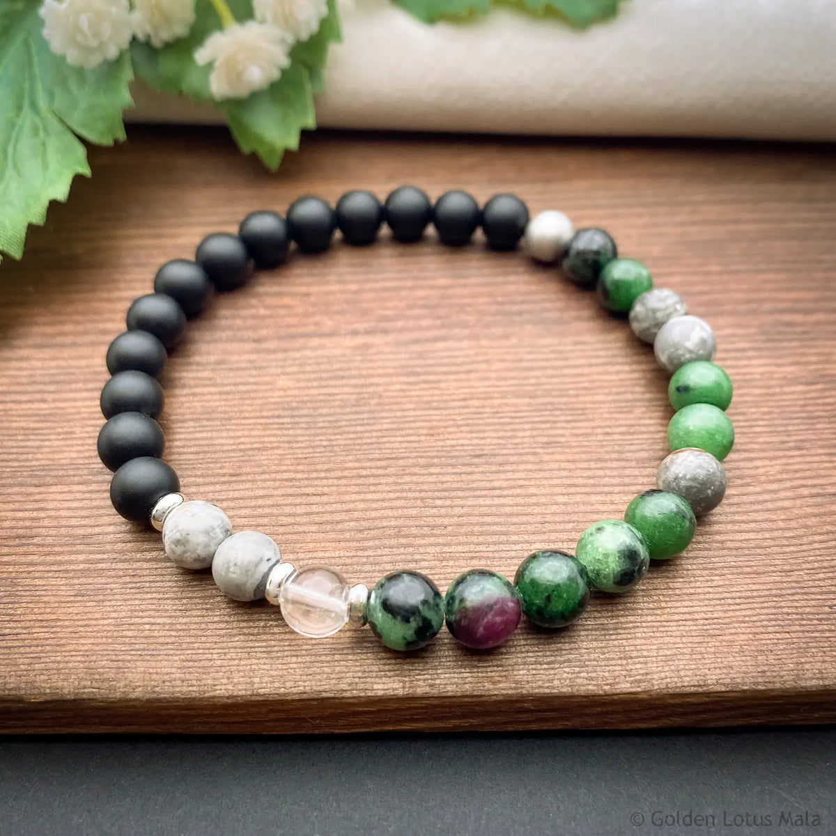 Ruby In Zoisite Bracelet with Matte Onyx, Jasper