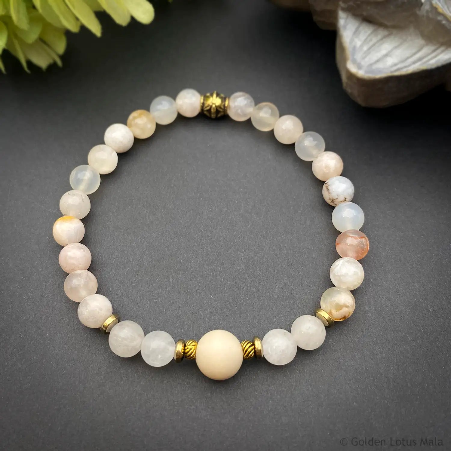 Cherry Blossom Agate Bracelet with Jade, Fossil & Pyrite