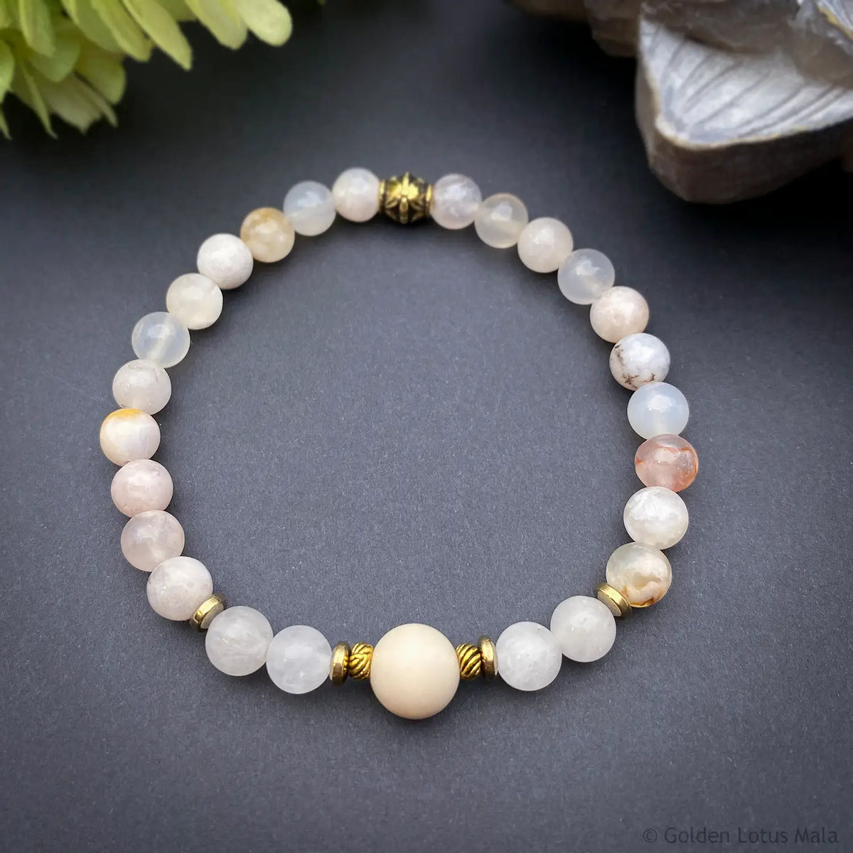 Cherry Blossom Agate Bracelet with Jade, Fossil &amp; Pyrite