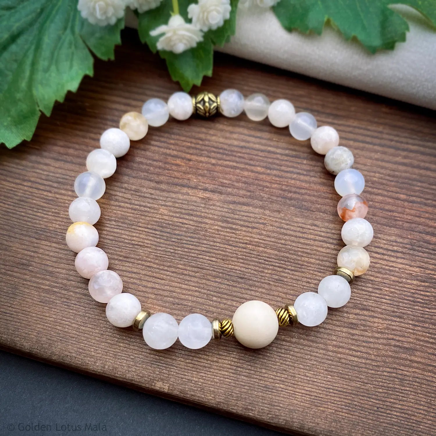 Cherry Blossom Agate Bracelet with Jade, Fossil & Pyrite