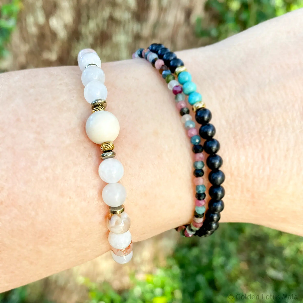 Cherry Blossom Agate Bracelet with Jade, Fossil &amp; Pyrite