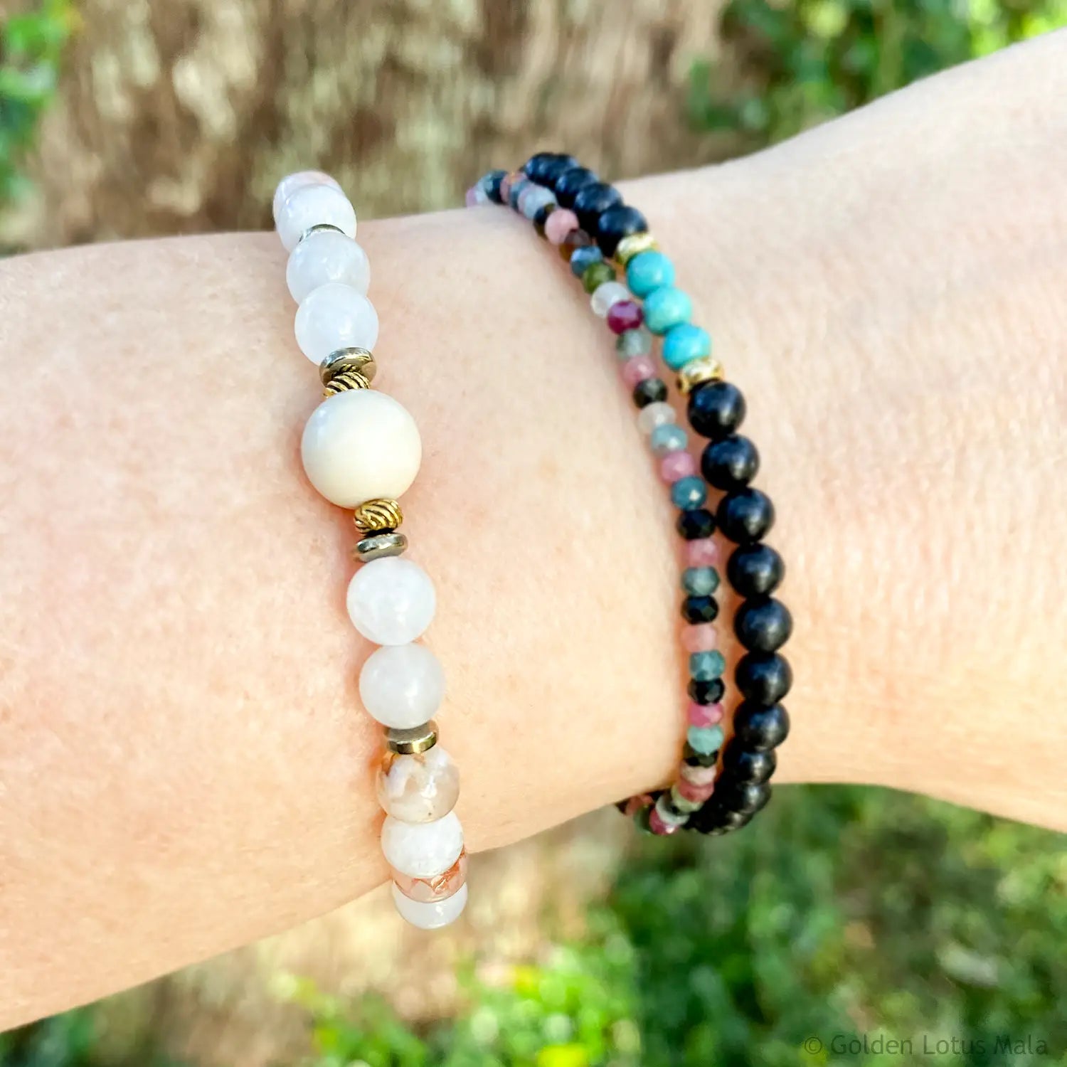 Cherry Blossom Agate Bracelet with Jade, Fossil & Pyrite