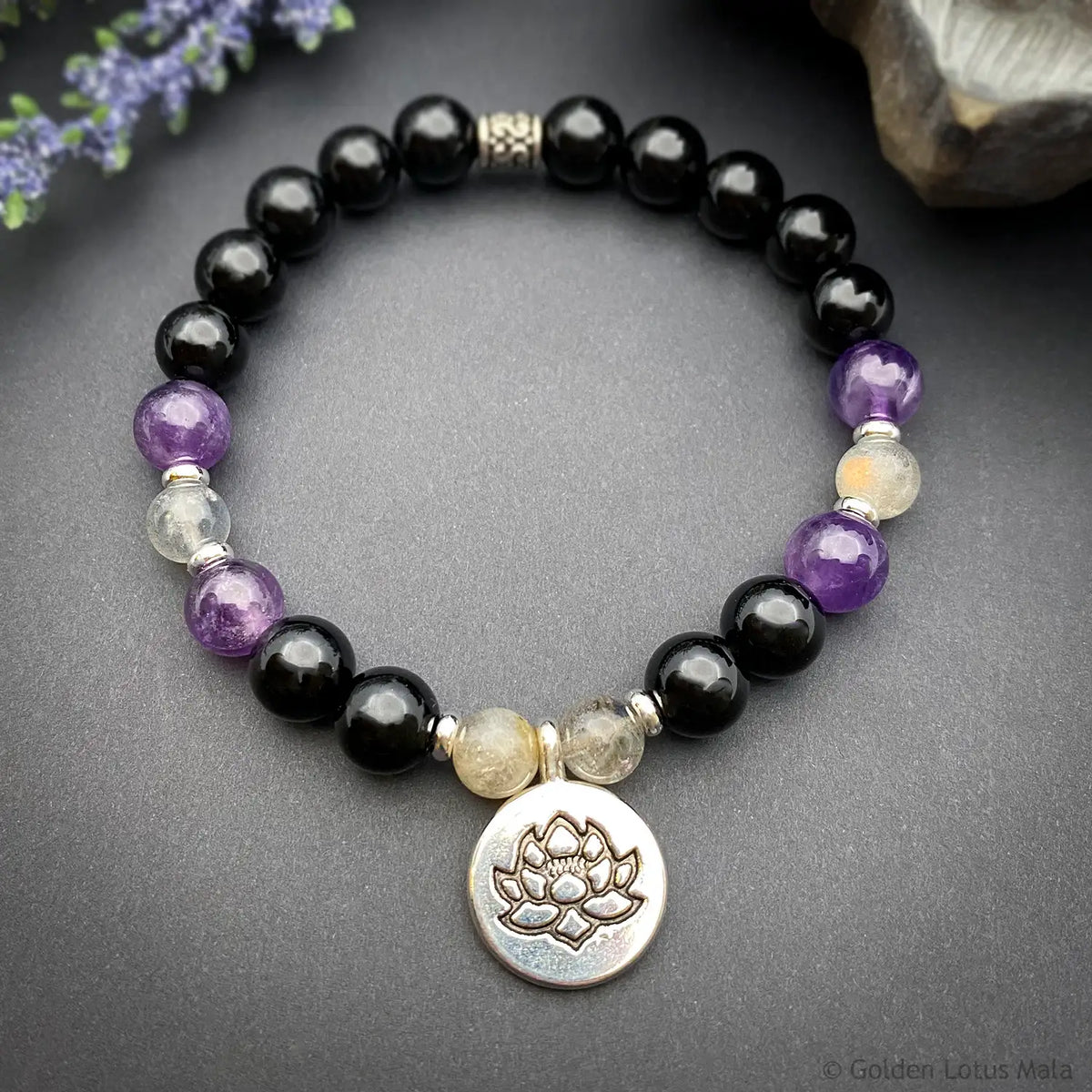 Lotus Charm Bracelet, Black Onyx, Purple Amethyst, Labradorite