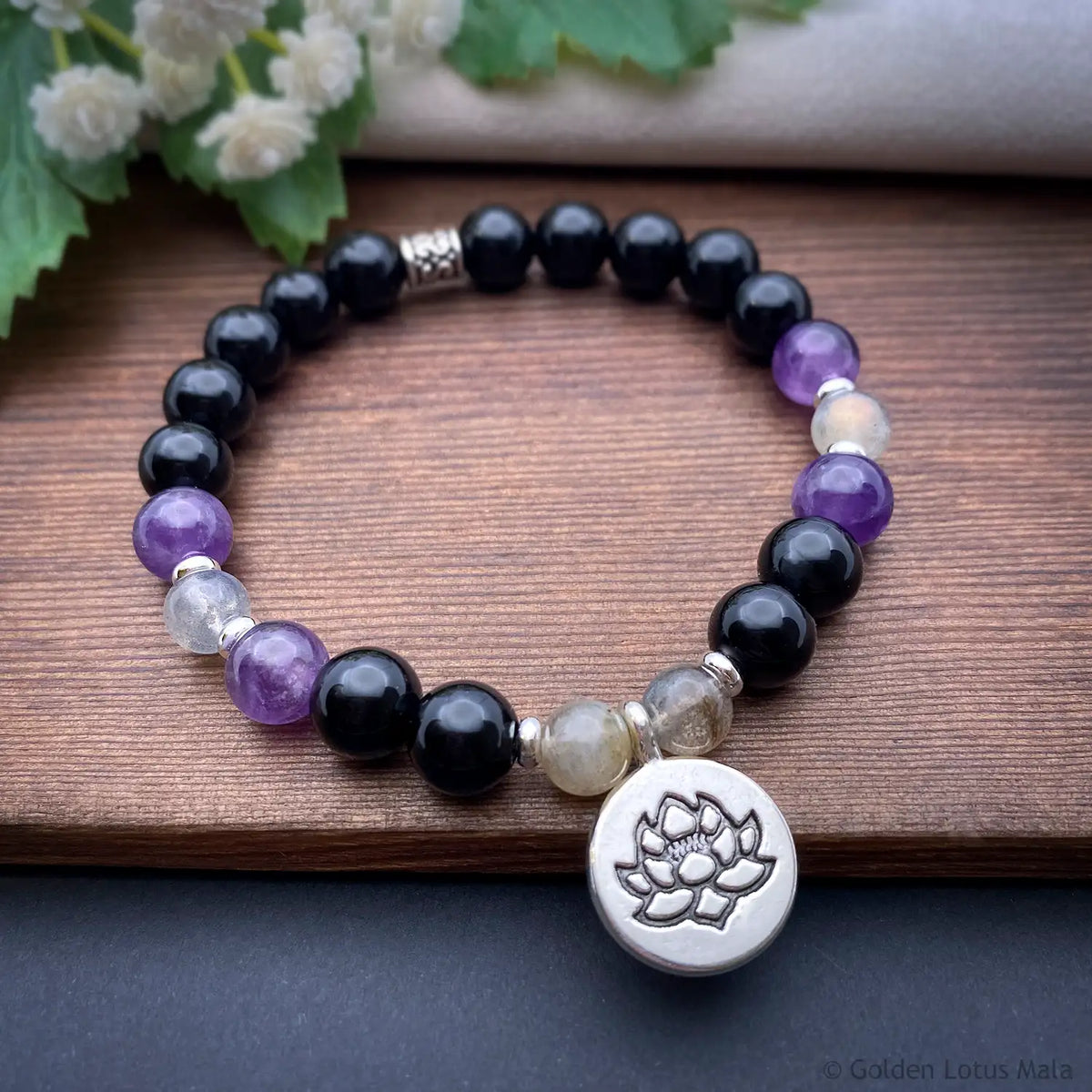 Lotus Charm Bracelet, Black Onyx, Purple Amethyst, Labradorite
