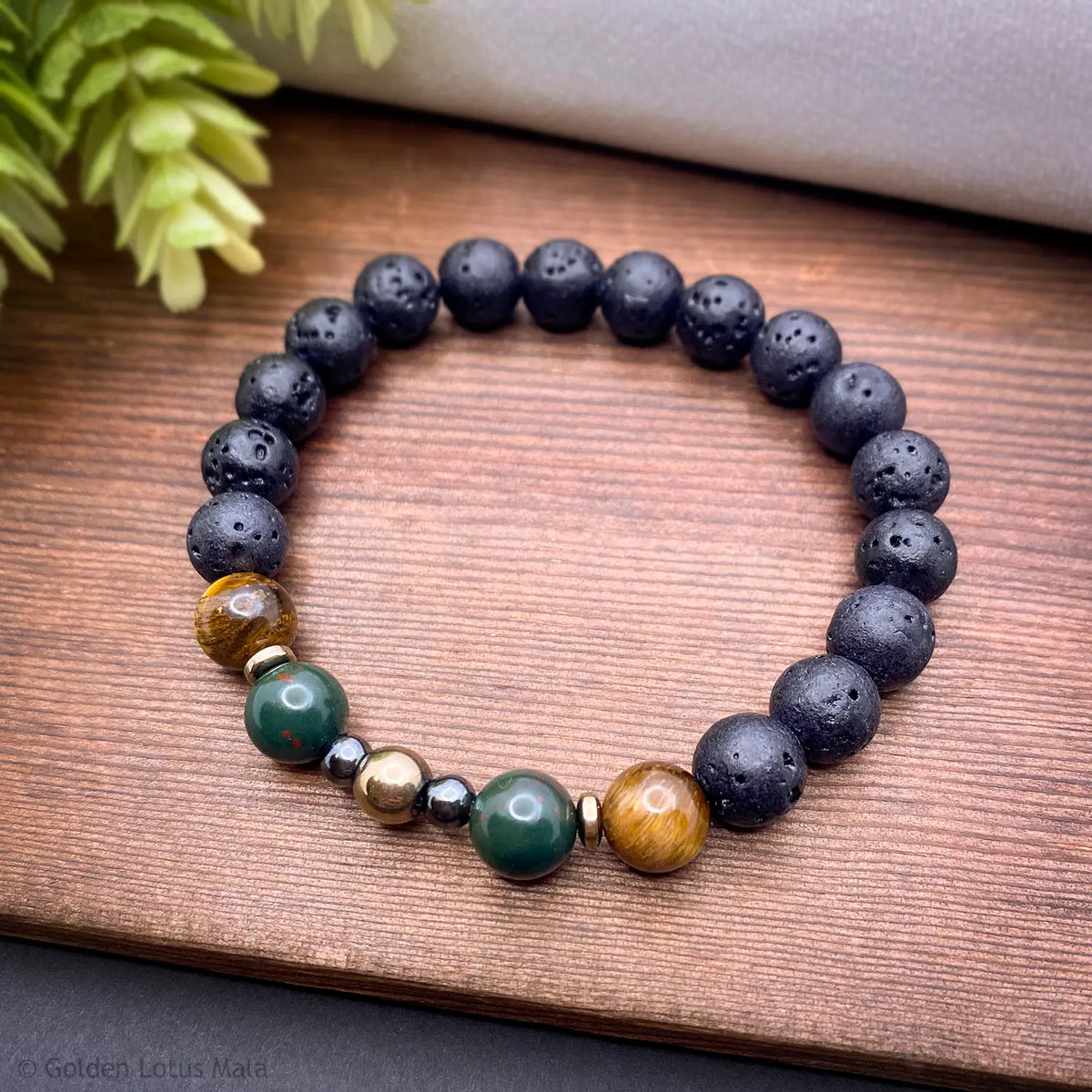 Basalt Bracelet (Lava Stone) with Bloodstone, Tigereye