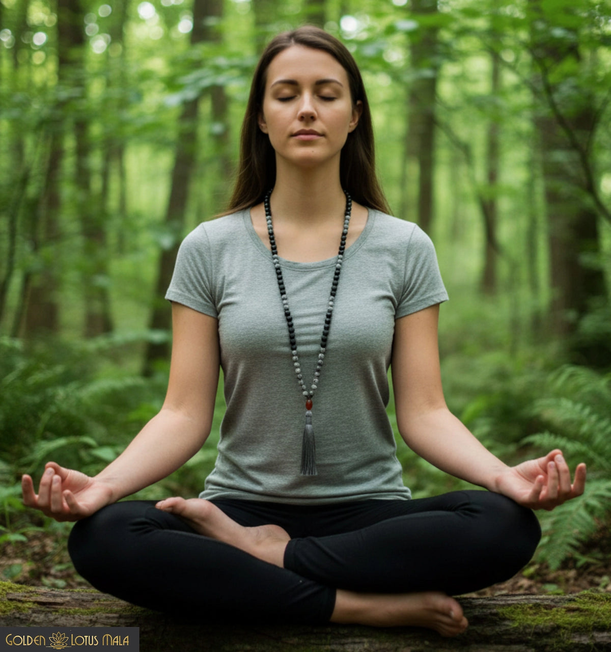 Woman meditating in a forest setting