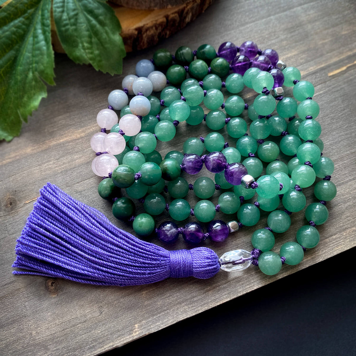 Tranquility Mala Aventurine, Rose Quartz, Angelite, Jade and Amethyst by Golden Lotus Mala