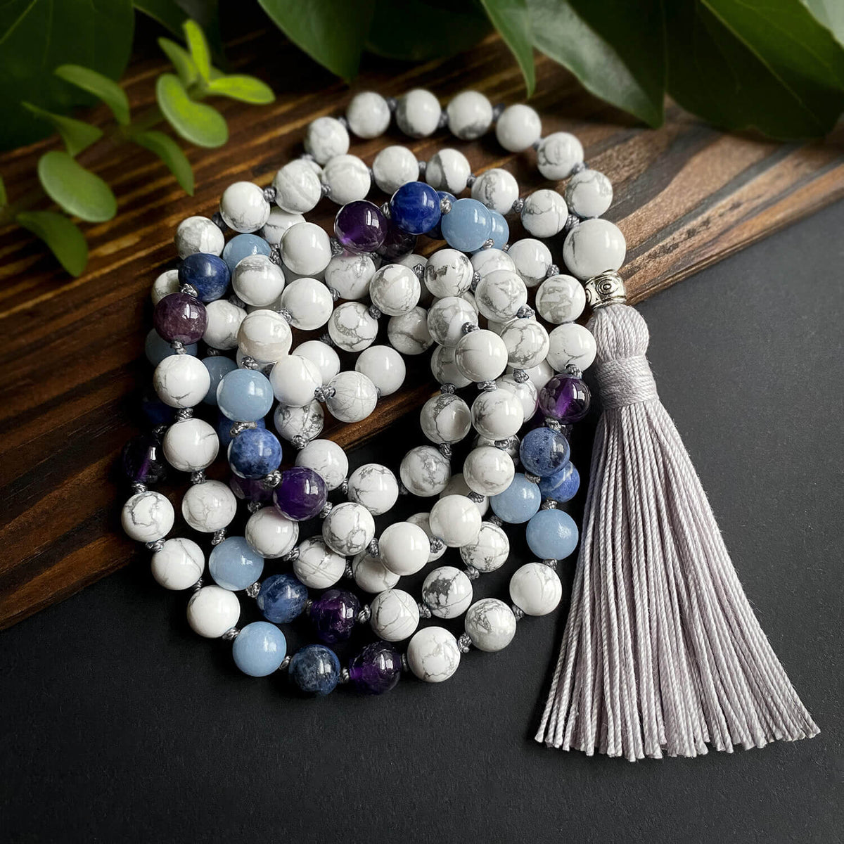 Peace WIthin Mala | Howlite, Angelite, Sodalite, Amethyst | Golden Lotus Mala