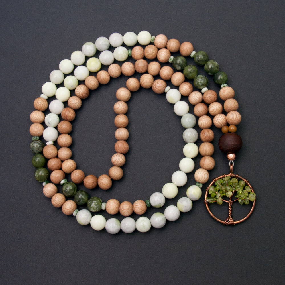 Tree of Abundance Mala Beads Necklace - Rosewood with Peridot & Jade ...