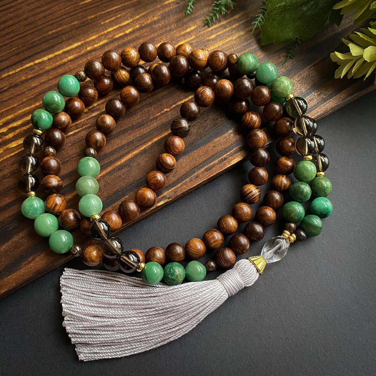 Libra Mala - Jade and Smoky Quartz - Natural Wood - Golden Lotus Mala