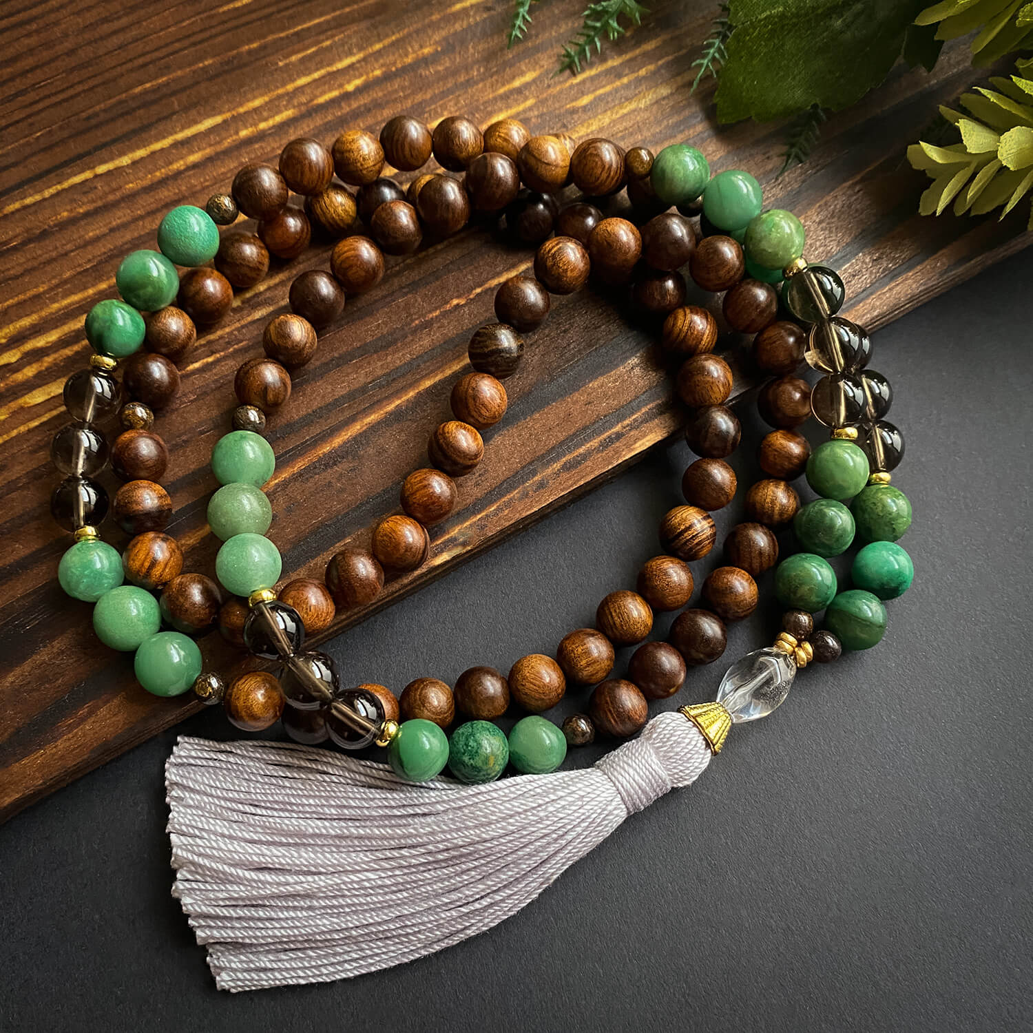 Libra Mala - Jade and Smoky Quartz - Natural Wood - Golden Lotus Mala