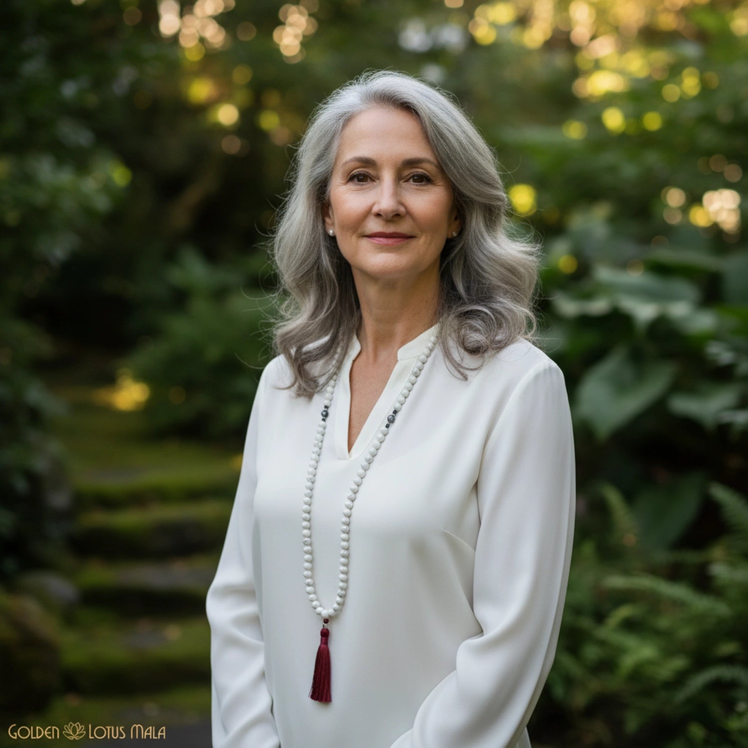 Woman wearing a white blouse and long mala necklace standing in a forest.