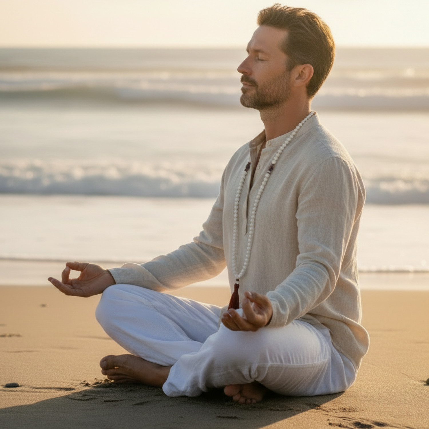 Man meditating on a beach wearing Calm Thoughts Mala from GoldenLotusMala.com