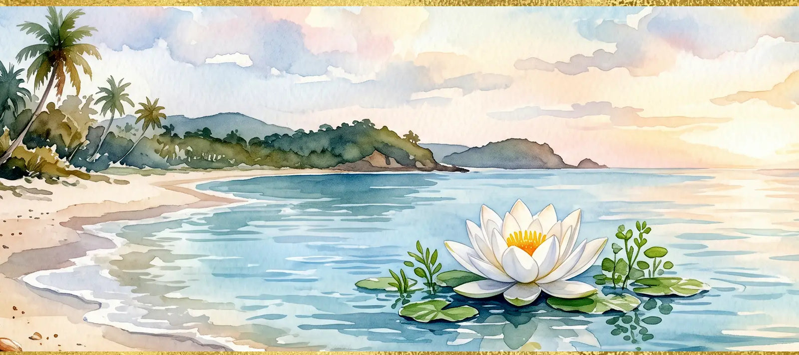 A lotus flower drifts into a calm sea