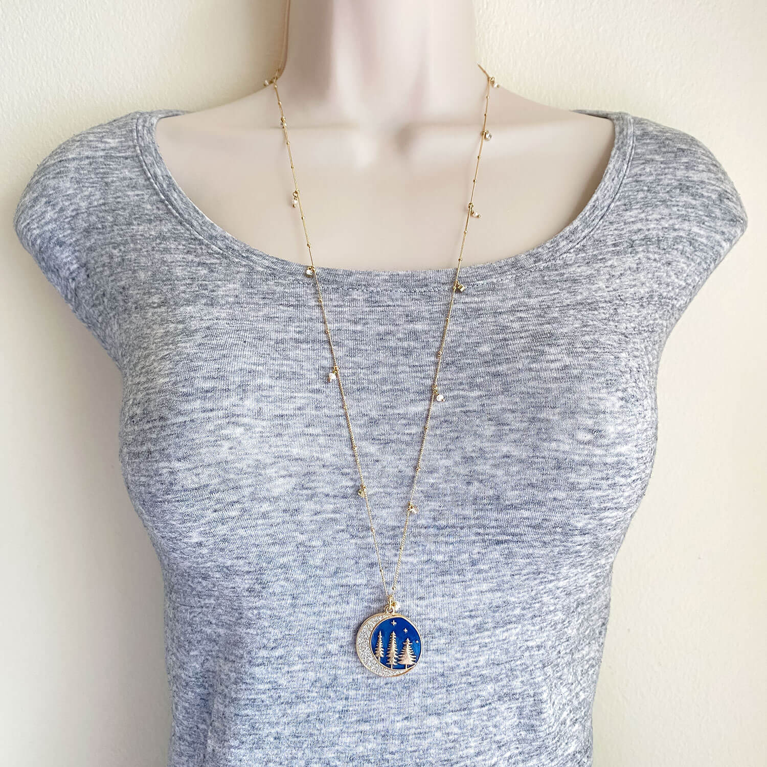 Forest at Night with Crescent Moon Necklace - OOAK