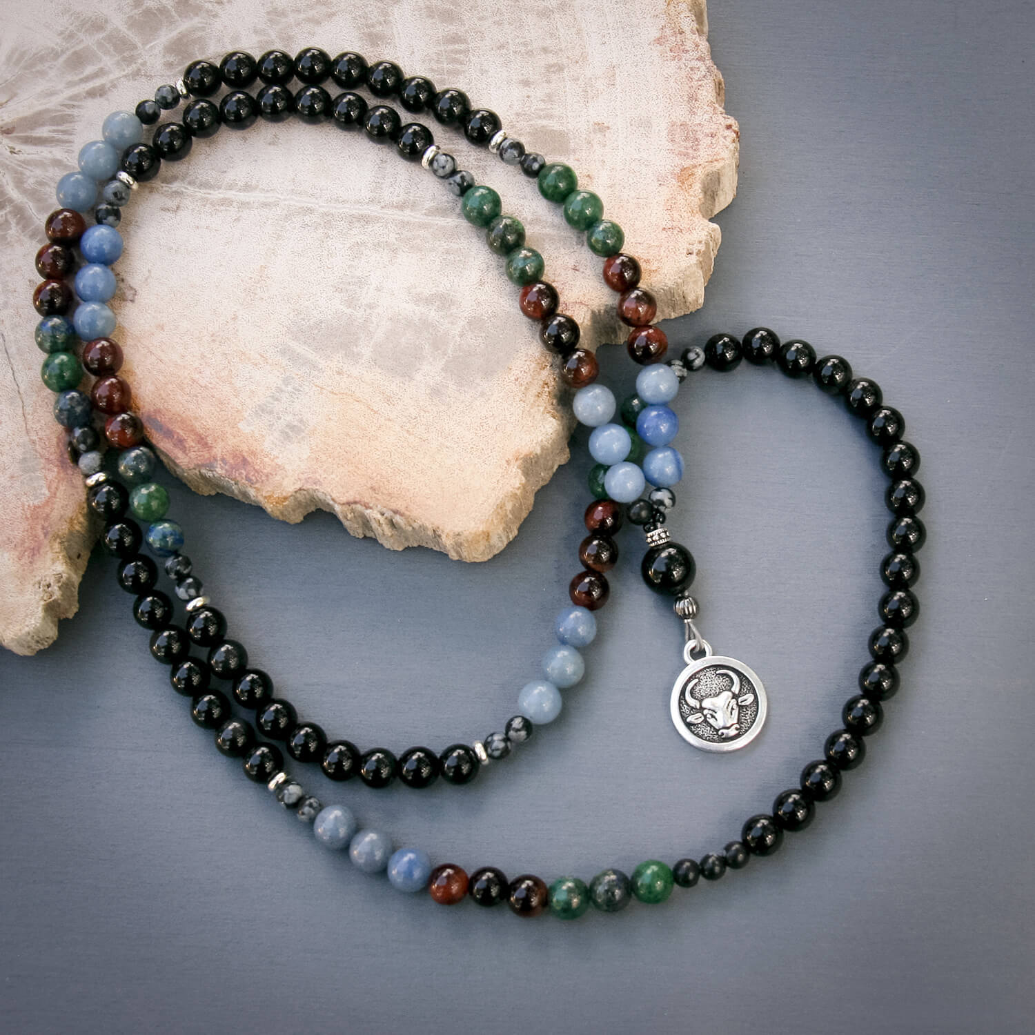 Taurus Mala - Red Tiger Eye, Aventurine, Azurite