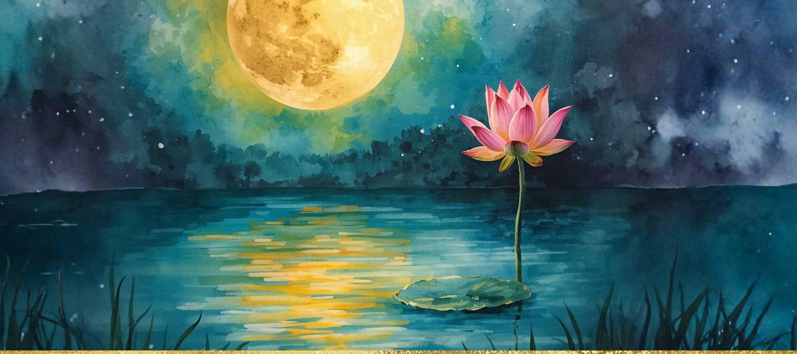 Lotus flower on a reflective water surface with a full moon in the sky