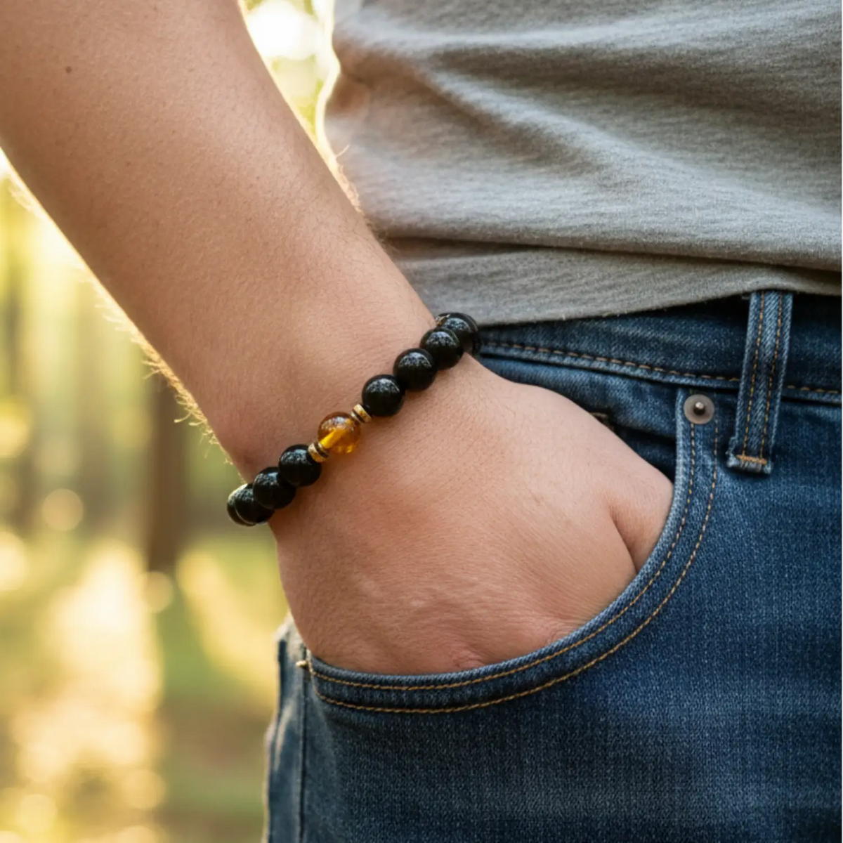 Obsidian & Baltic Amber Bracelet