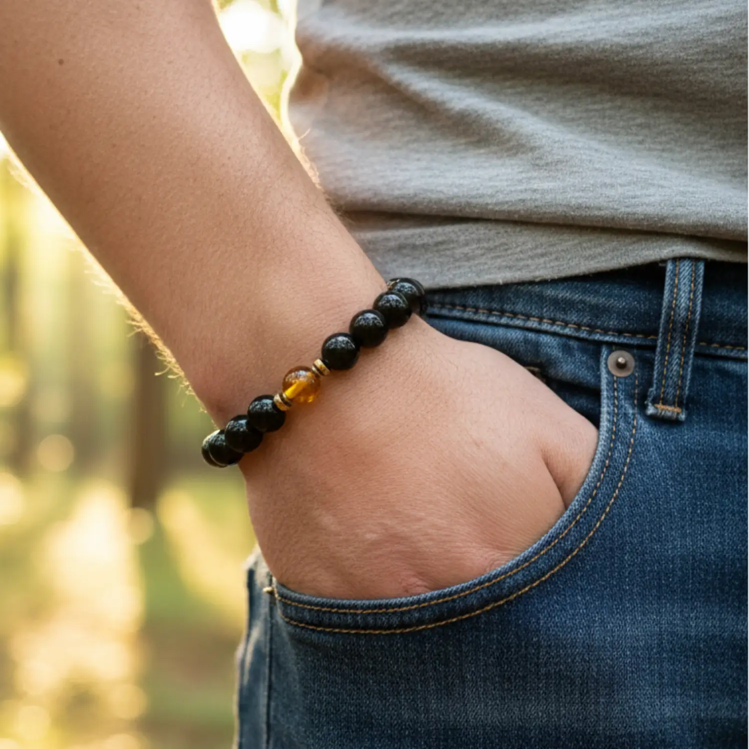 Obsidian & Baltic Amber Bracelet