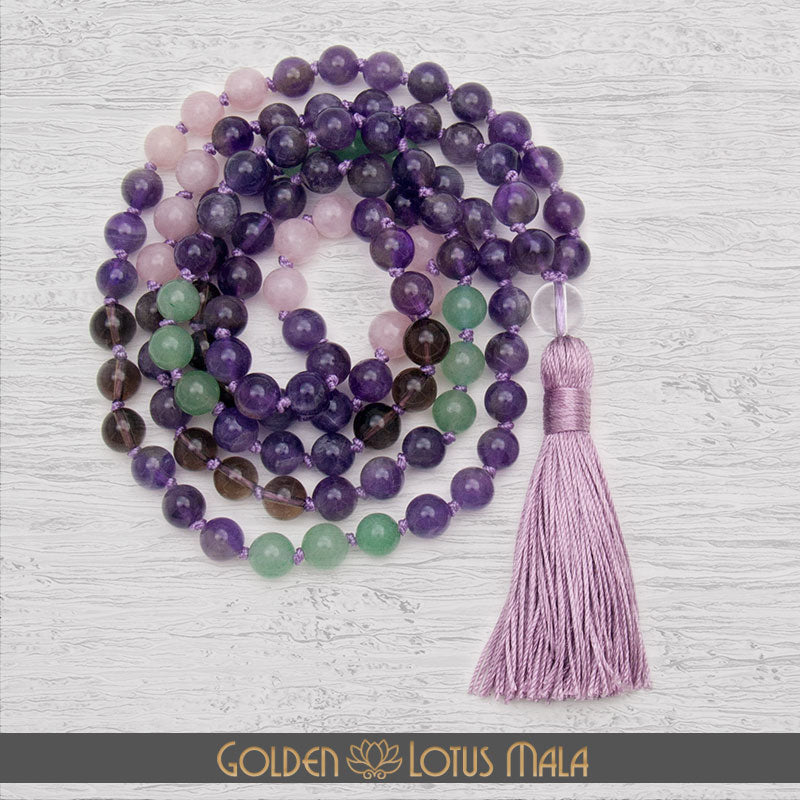 Amethyst, Smoky Quartz, Aventurine Mala