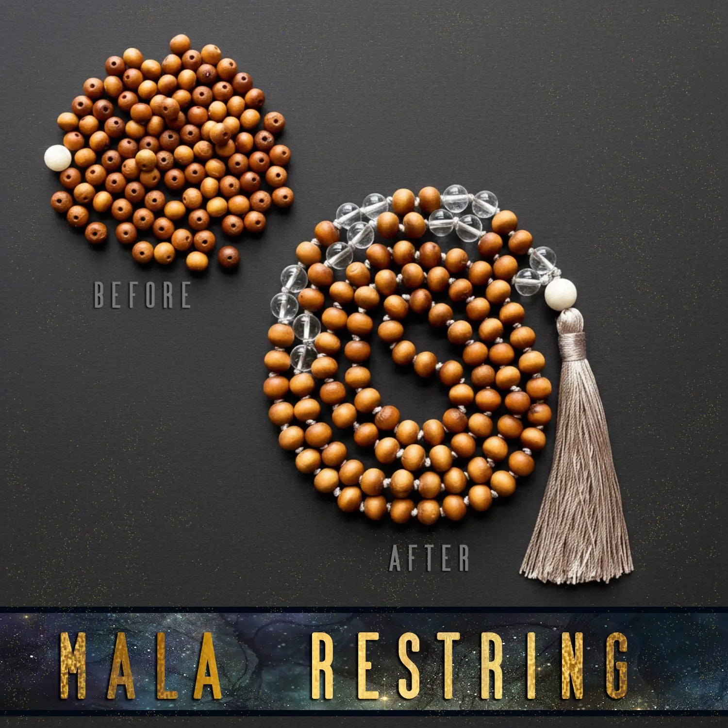 Mala beads before and after restring on a dark background with 'Mala Restring' text.