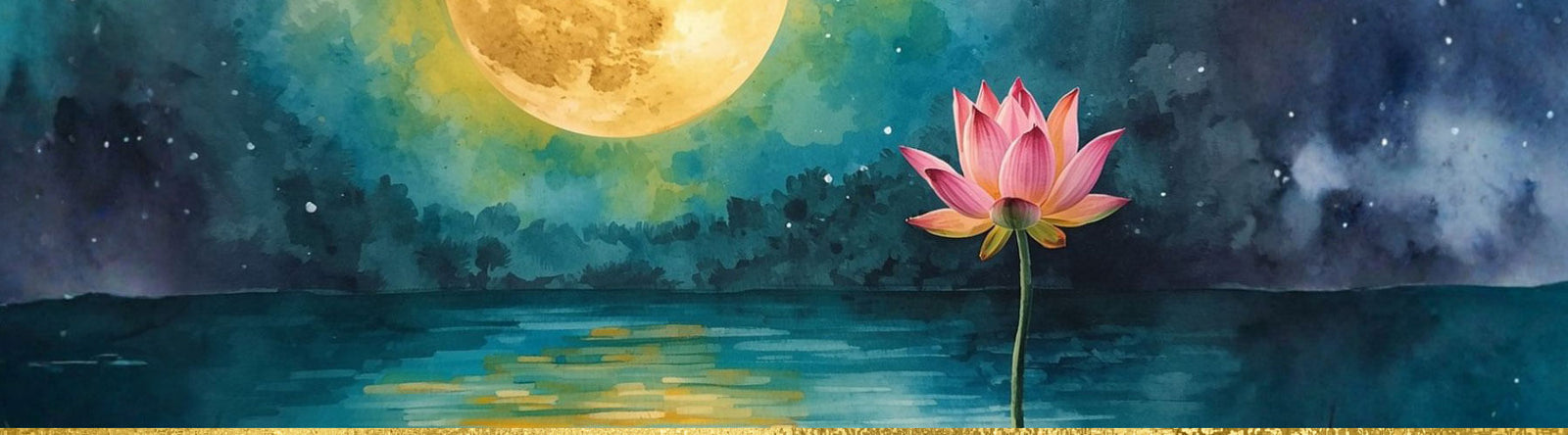Painting of a lotus flower on a reflective water surface with Full Flower Moon and starry sky.