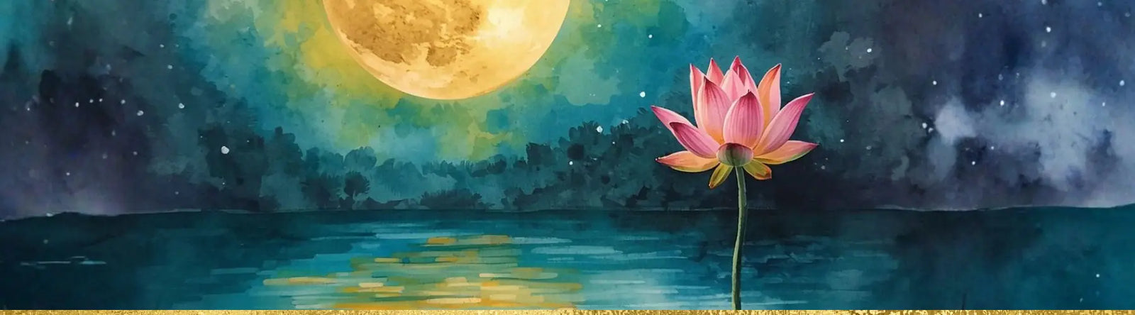 The full moon shines over the water and a pink lotus flower is in bloom.