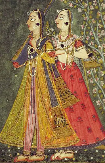 A historical painting of people wearing mala beads.