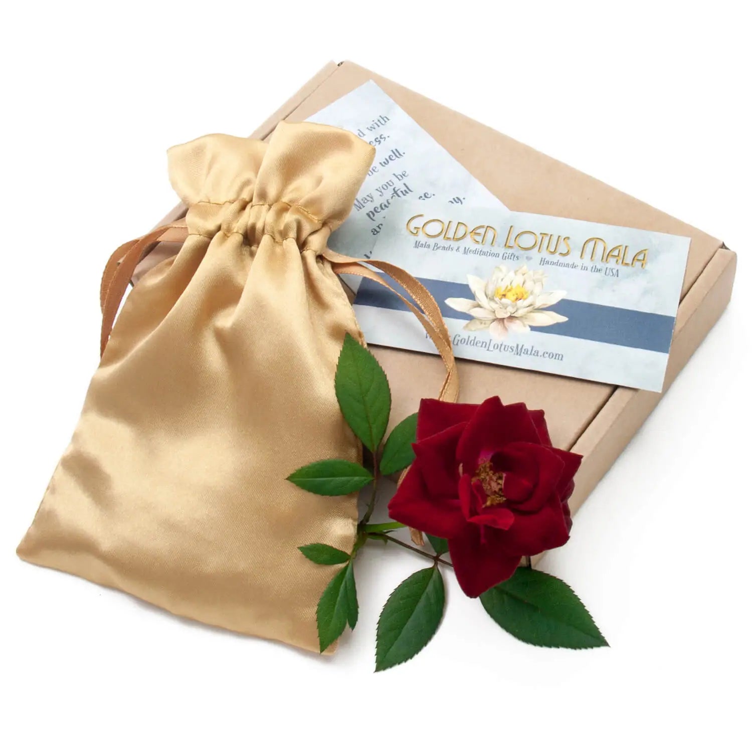 We ship with eco-friendly packaging and our malas include a drawstring bag.