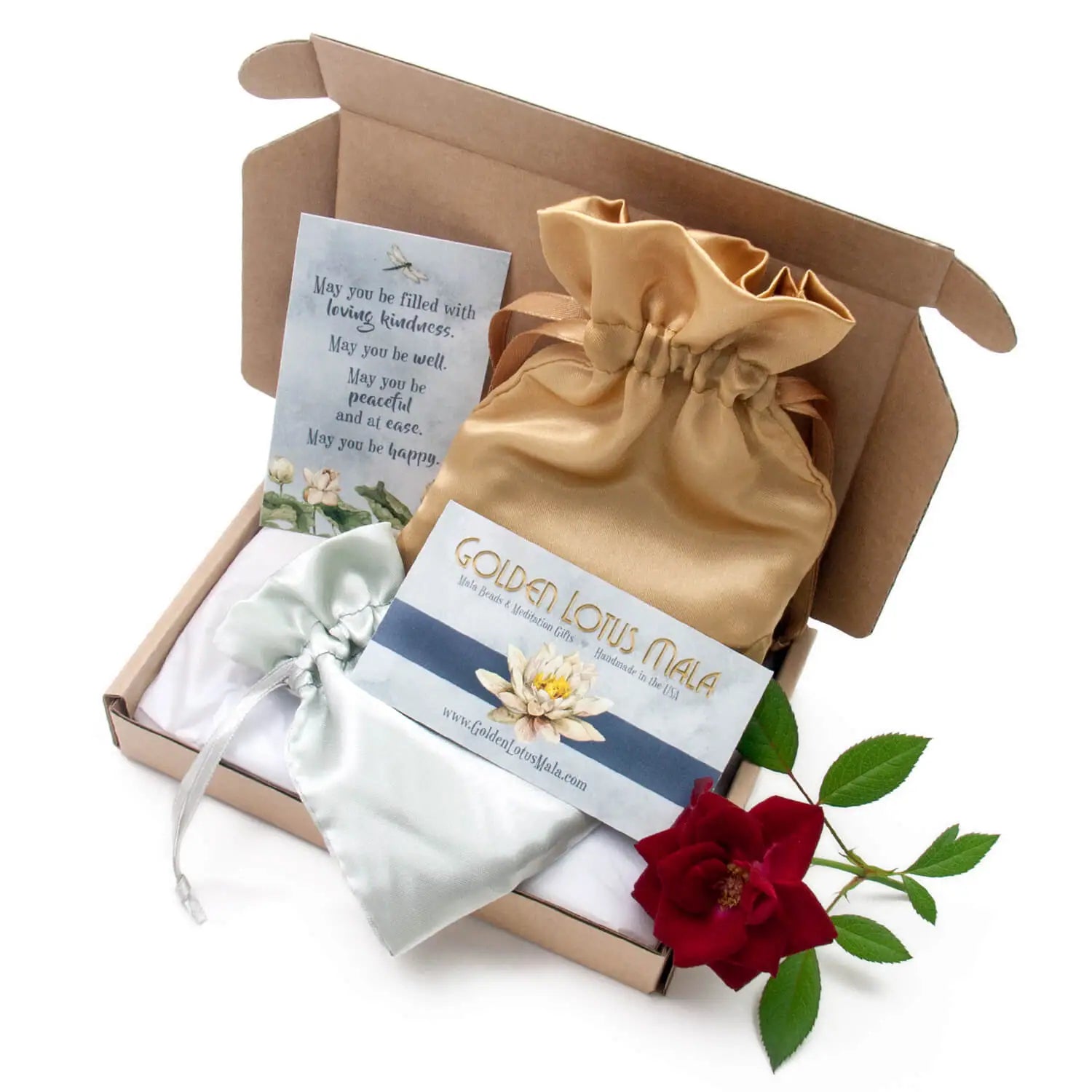 We ship with eco-friendly packaging and our malas include a drawstring bag.