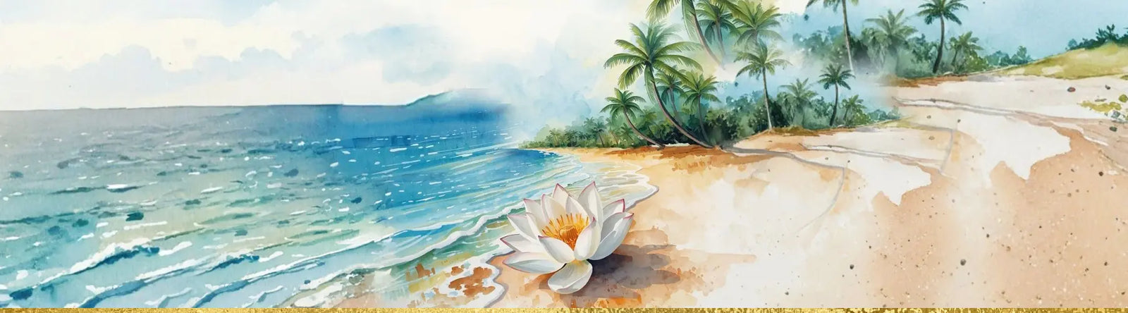 Panoramic view of a tropical beach with palm trees and a lotus flower.