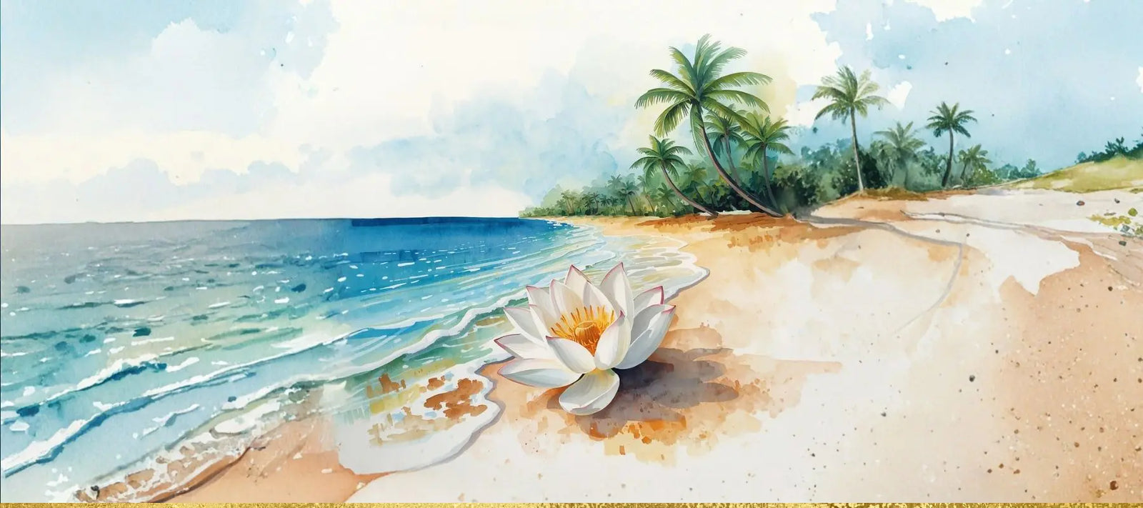 Coastal scene with a white lotus flower on sand, palm trees, and blue sky.