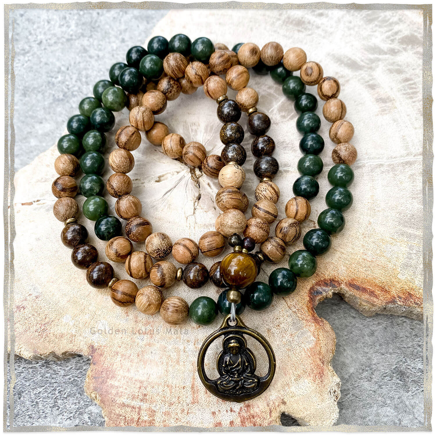 Karmic Effects Mala - Canadian Jade, Bronzite, Sandalwood | Golden Lotus Mala