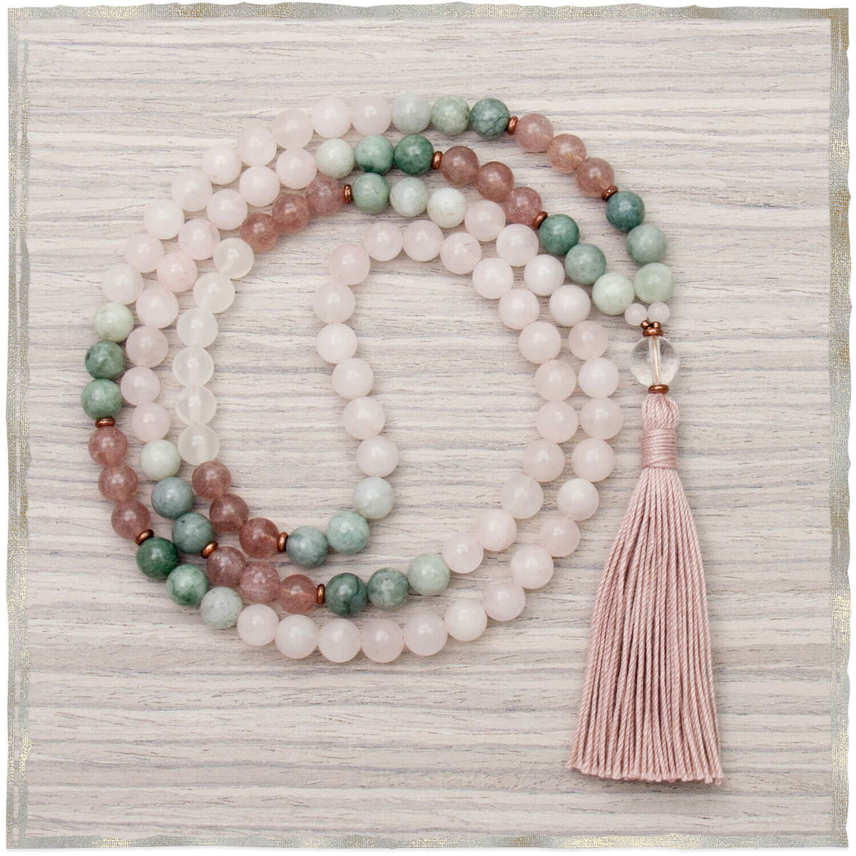 Grateful Heart Mala - Rose Quartz, Jade, Strawberry Quartz | Golden Lotus Mala