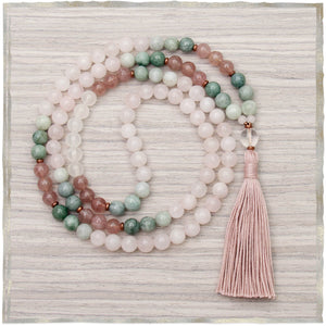Grateful Heart Mala - Rose Quartz, Jade, Strawberry Quartz | Golden Lotus Mala