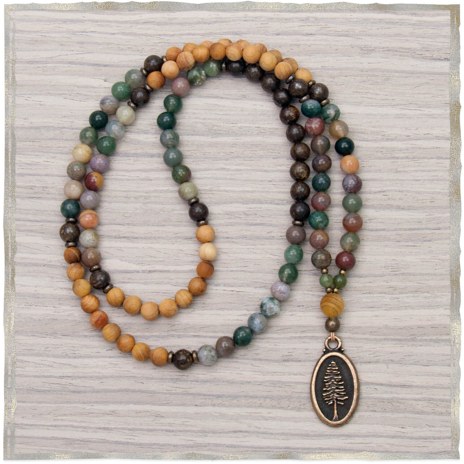 Wanderlust Mala - Sandalwood, Bronzite, Jasper | Golden Lotus Mala