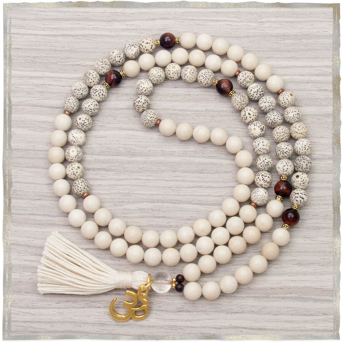 Om Shanti Mala Necklace 108 Prayer Beads | Golden Lotus Mala