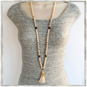 Mala Necklace Lotus Bodhi Seed, Fossil Jasper, Tiger Eye | Golden Lotus Mala