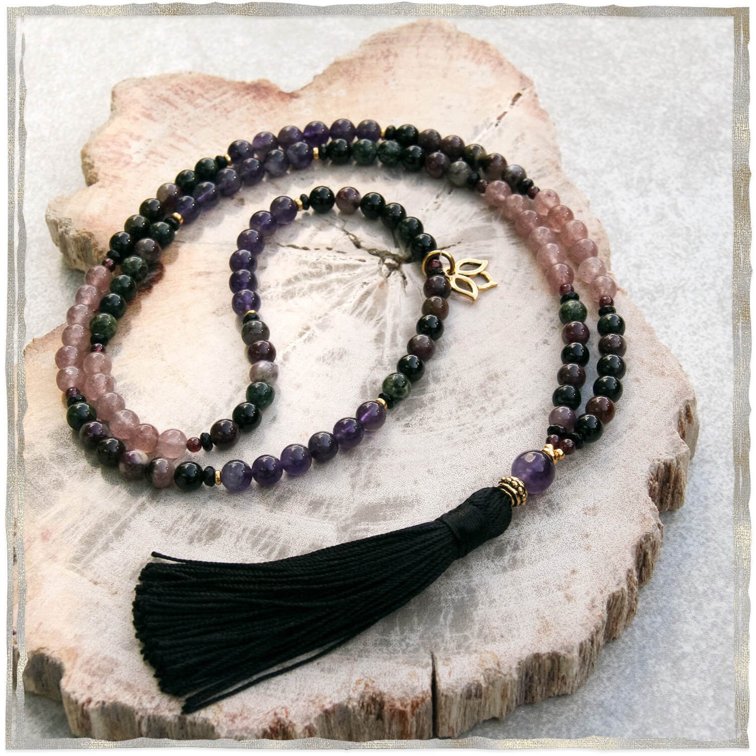 Cosmic Harmony Mala Necklace - Tourmaline | Golden Lotus Mala